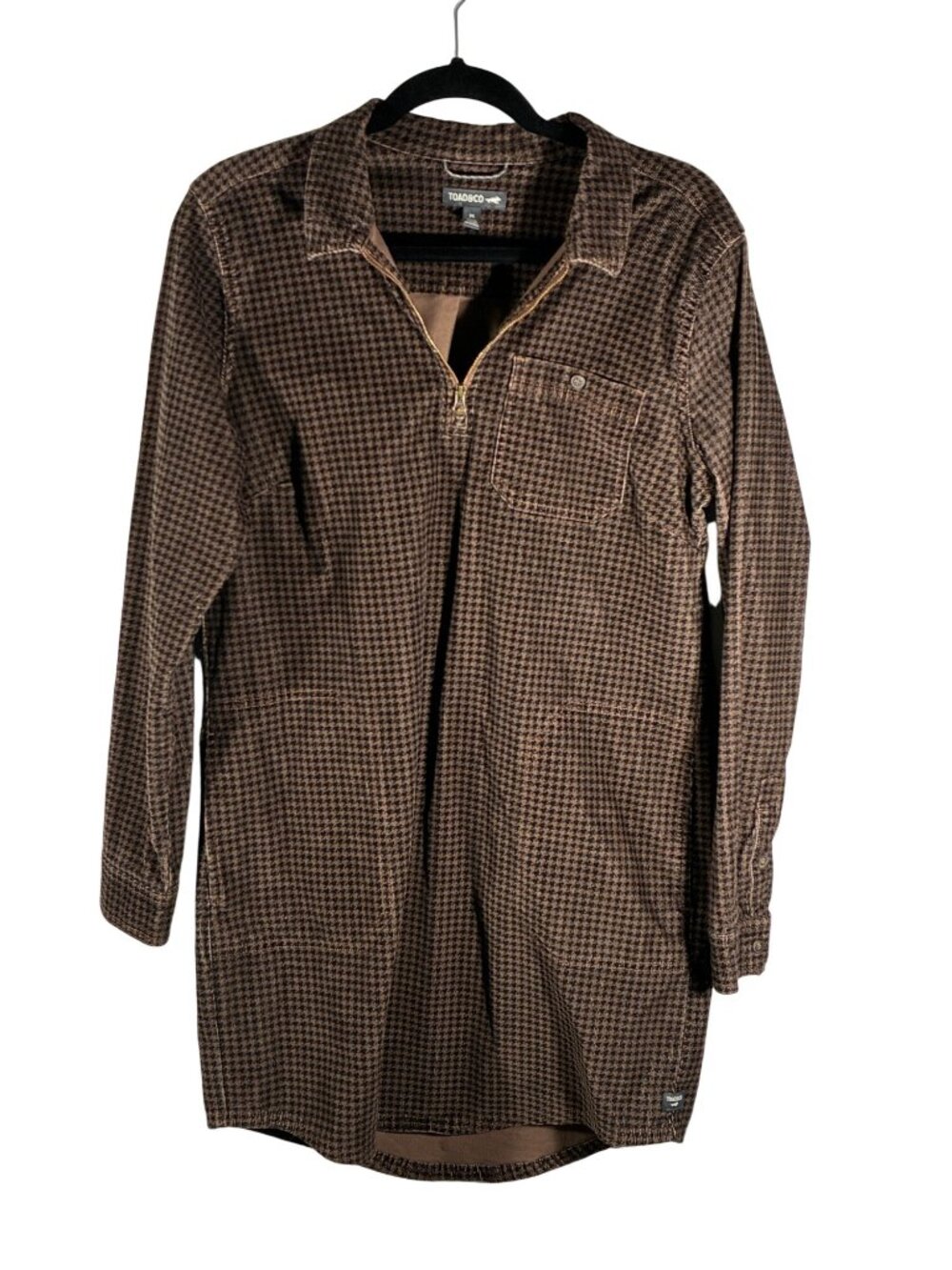 Toad&Co Cruiser Corduroy Popover Dress Houndstooth Brown LS organic Size M Gorpc - Picture 2 of 9